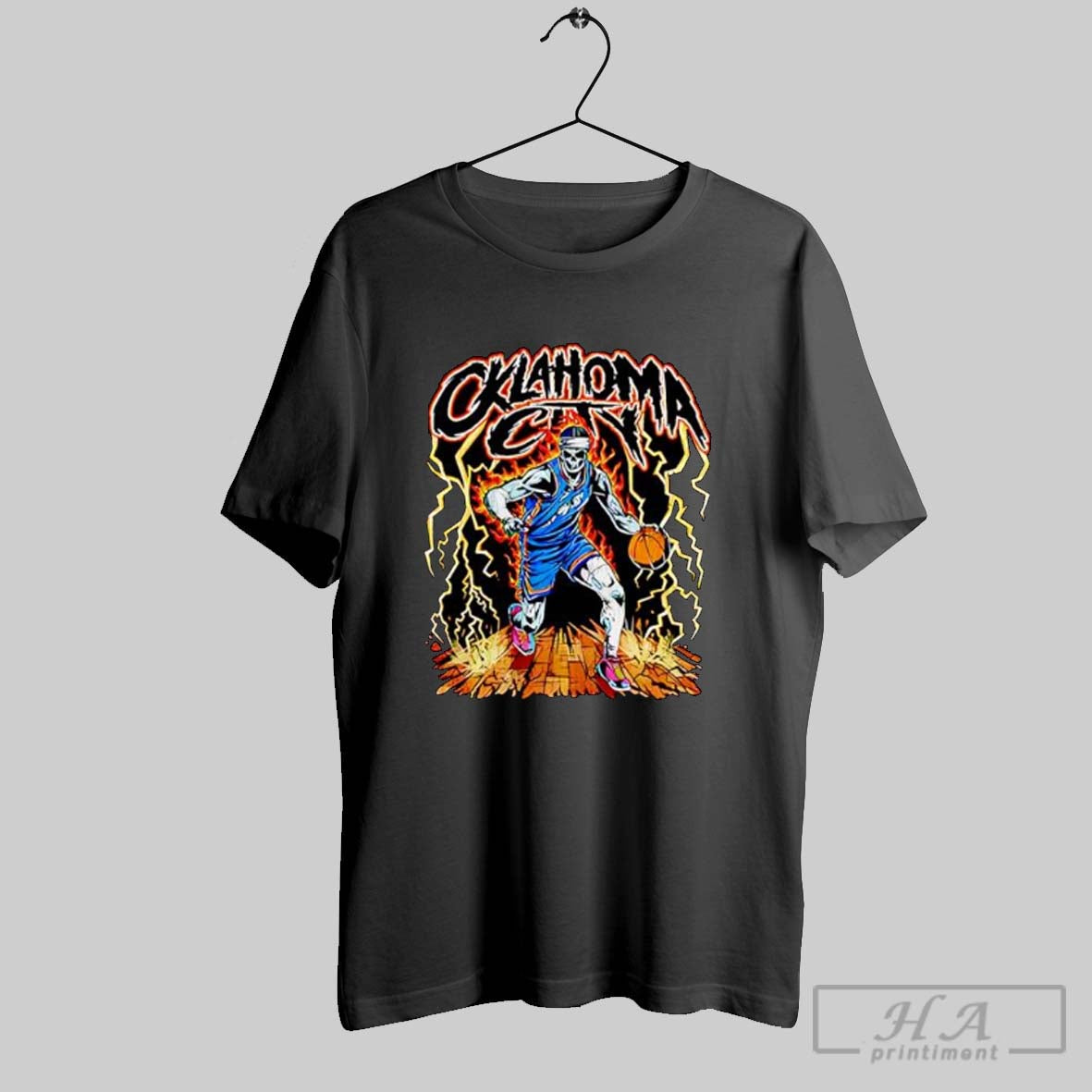 Official Oklahoma City Skeleton Dribbling Basketball On Burning Court Posters Black