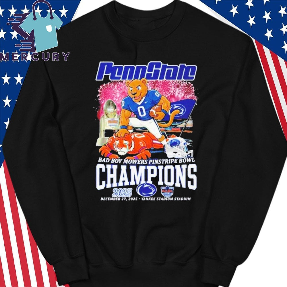 Penn State Nittany Lions Beat Clemson Tigers 2025 Bad Boy Mowers Pinstripe Bowl Champions Mascot Shirt