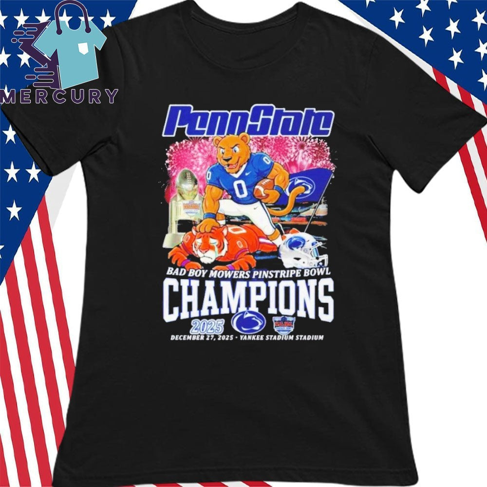 Penn State Nittany Lions Beat Clemson Tigers 2025 Bad Boy Mowers Pinstripe Bowl Champions Mascot Shirt