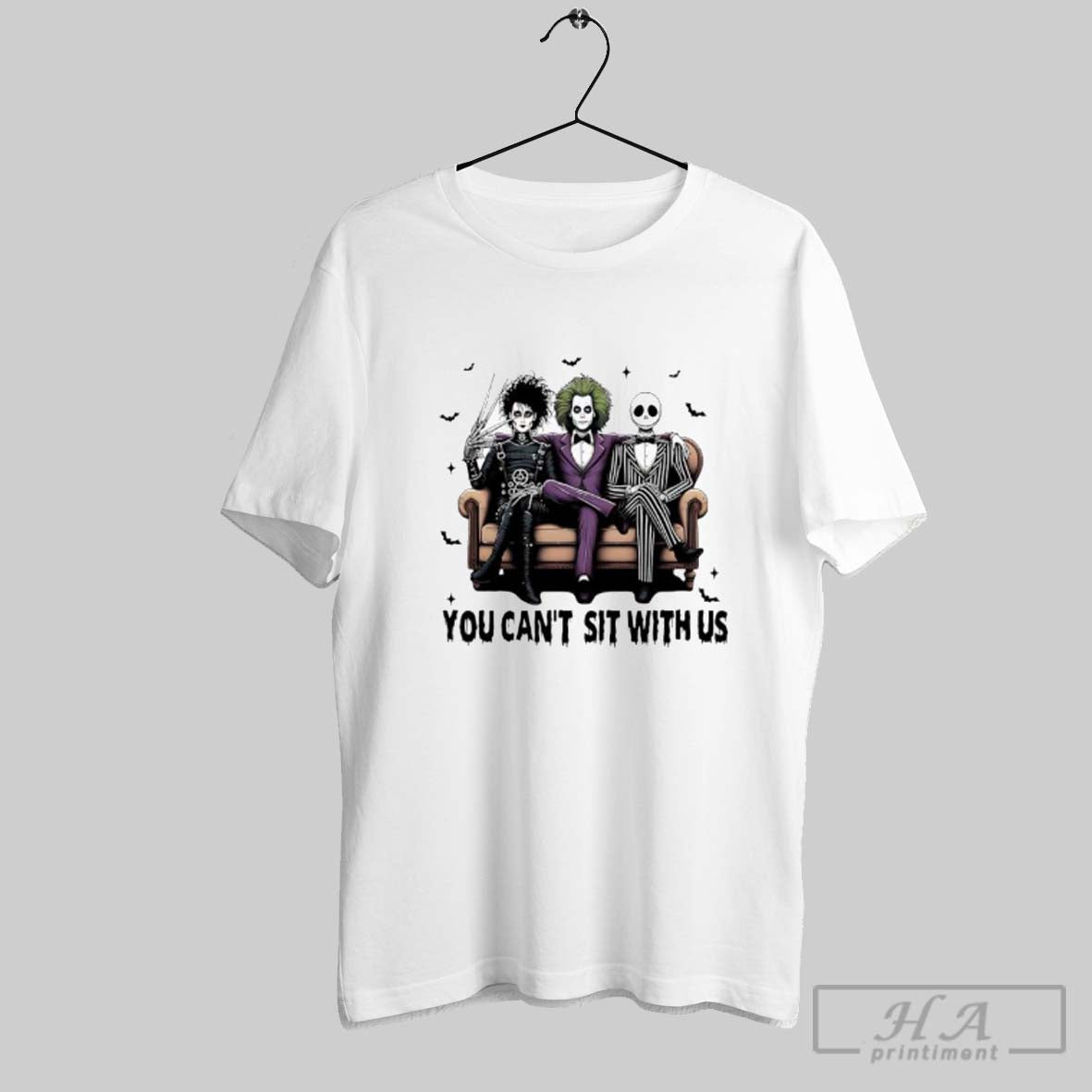 Official You Cant Sit With Us Jack Skeleton Beetlejuice And Edward Scissorhands Halloween Ladies Tee