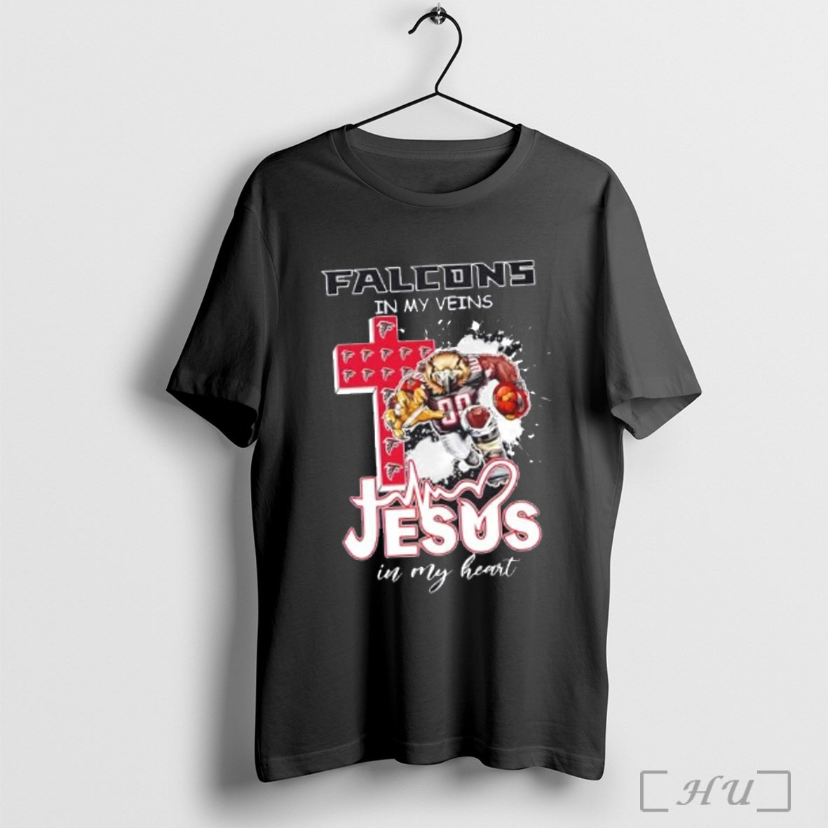 Officials Atlanta Falcons In My Veins Jesus In My Heart Cross Mascot T Shirt