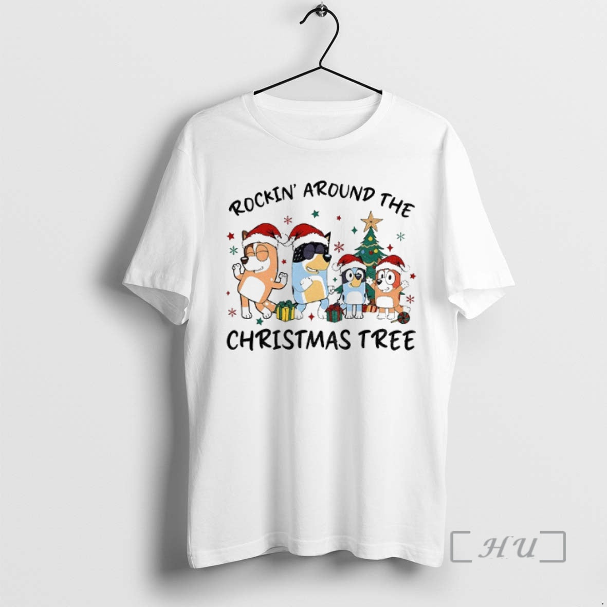 Officials Bluey Family Santa Hat Rockin Around The Christmas Tree Merry Christmas 2025 Premium T-Shirts, Hoodie, Sweatshirt