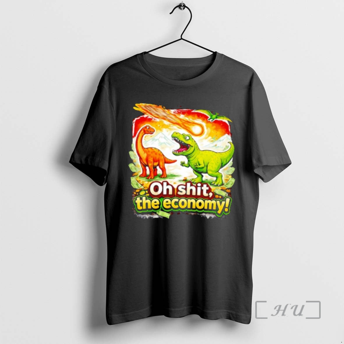 Officials Brontosaurus And T Rex As A Meteor Falls Oh Sht The Economy Premium T-Shirts, Hoodie, Sweatshirt