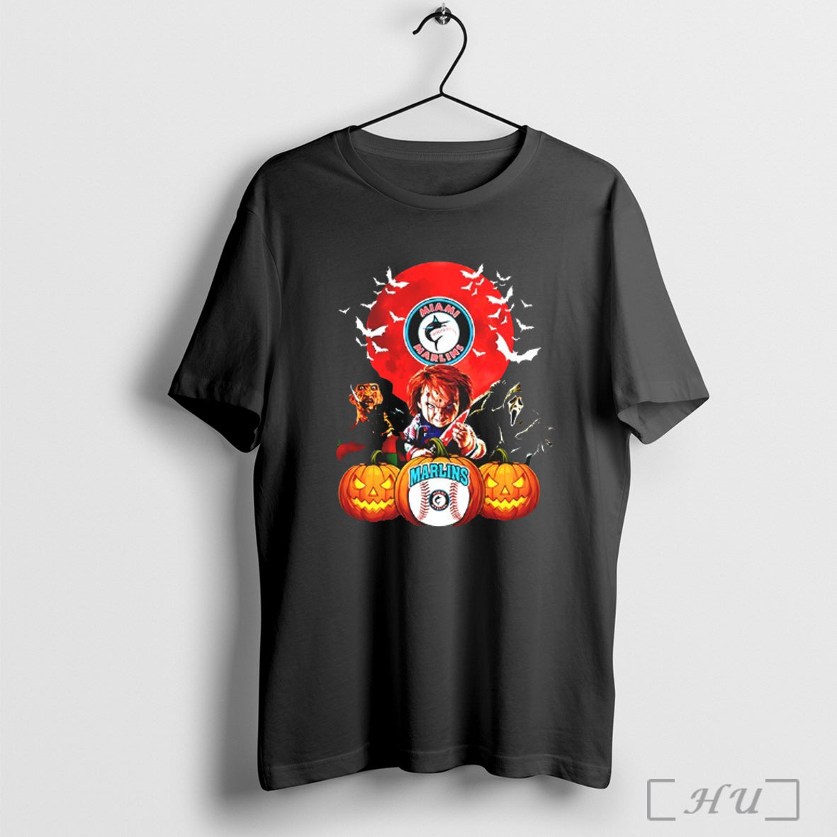Officials Freddy Krueger Chucky And Ghostface Moon Miami Marlins Mlb Halloween 2025 V Neck