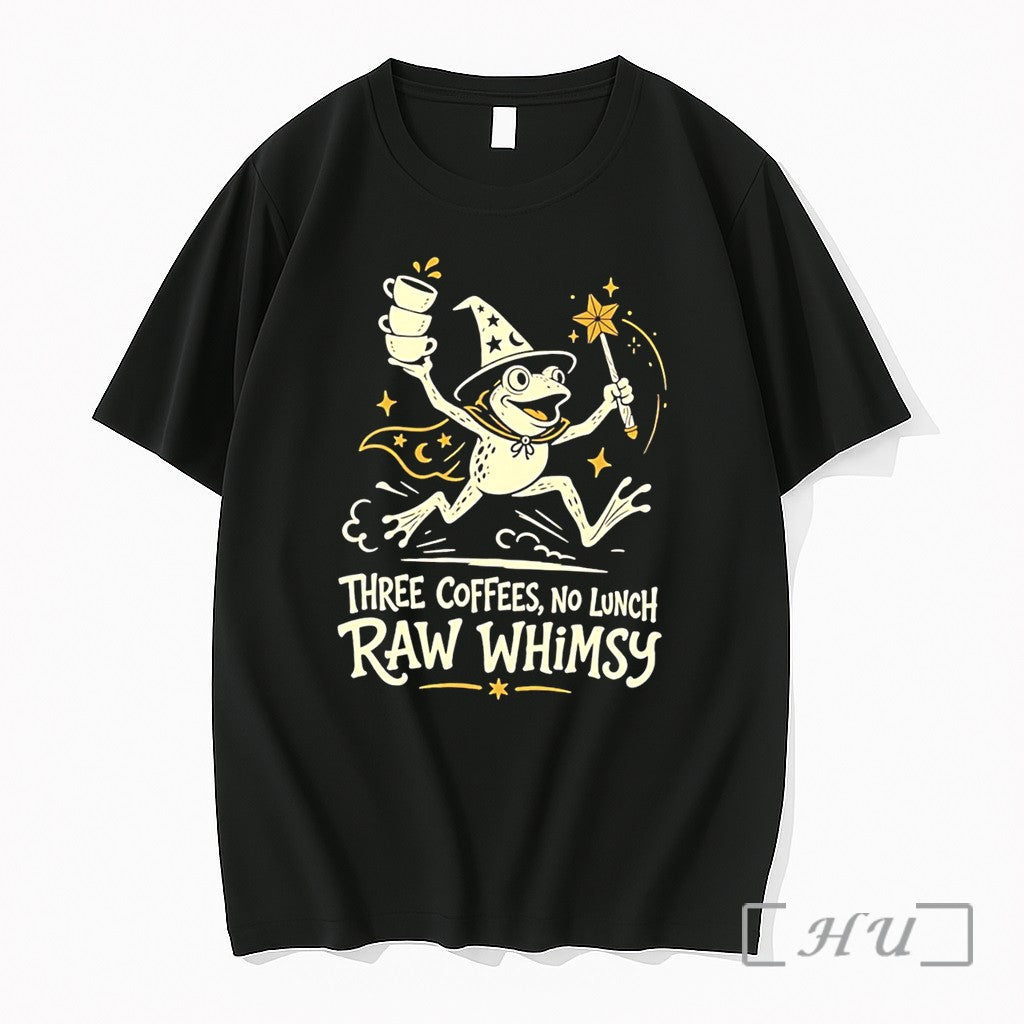Officials Three Coffees No Lunch Raw Whimsy Frog Wizard Tee