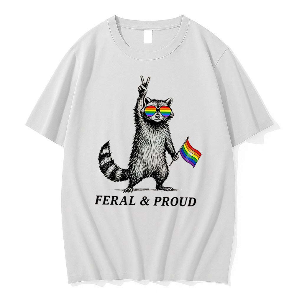 Original Feral And Proud Racoon With Pride Sunglasses And Rainbow Flag Tee Tshirts