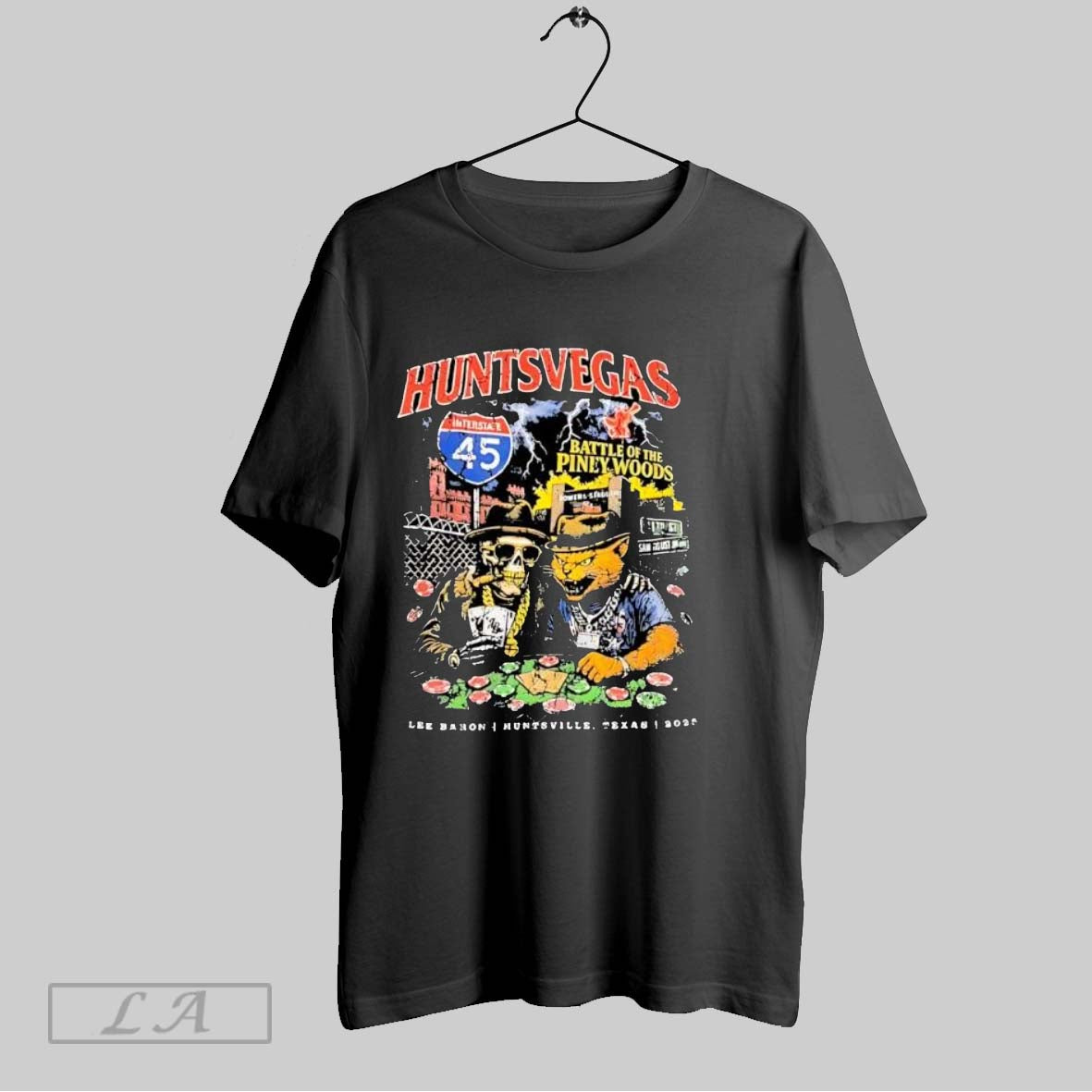Original Huntsvegas Interstate 45 Skeleton Cat Poker Players Graphic