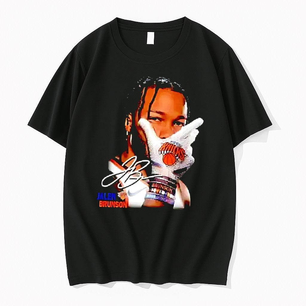 Original Jb Jalen Brunson Making A Gesture With A Knicks Logo Glove Black Tshirts
