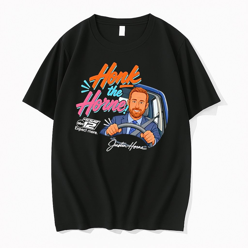 Original Justin Horne Honk The Horne Ksat 12 Expect More Black Tshirts Jpg
