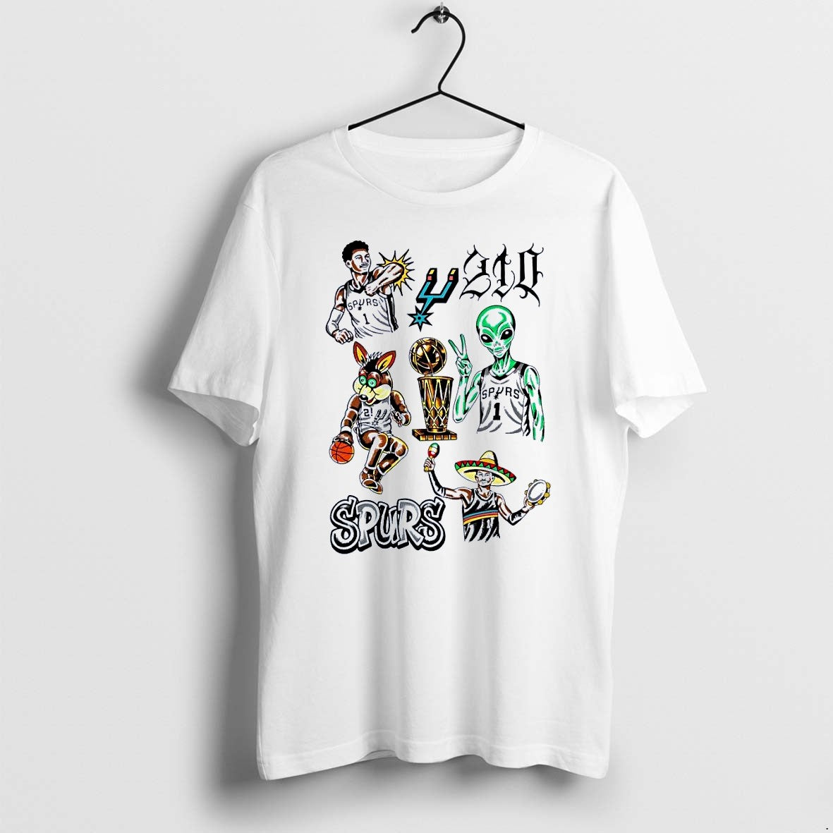 Original Matthew Hoisek Wembanyama Alien Coyote 210 Championship Trophy Spurs White Tshirts