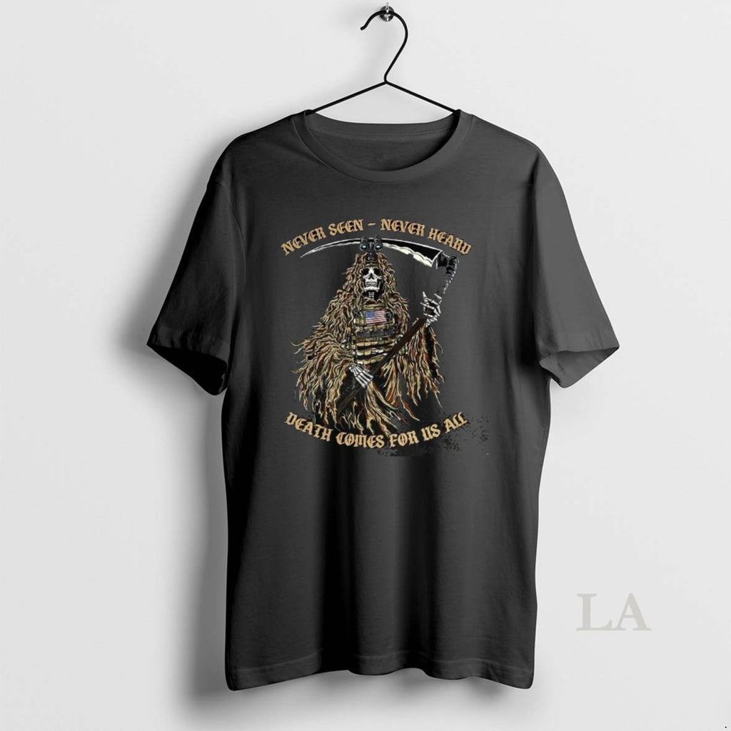 Original Never Seen Never Heard Death Comes For Us All Reaper Soldier T-Shirts, Hoodie, Sweatshirt | AU01DripNestTees.com