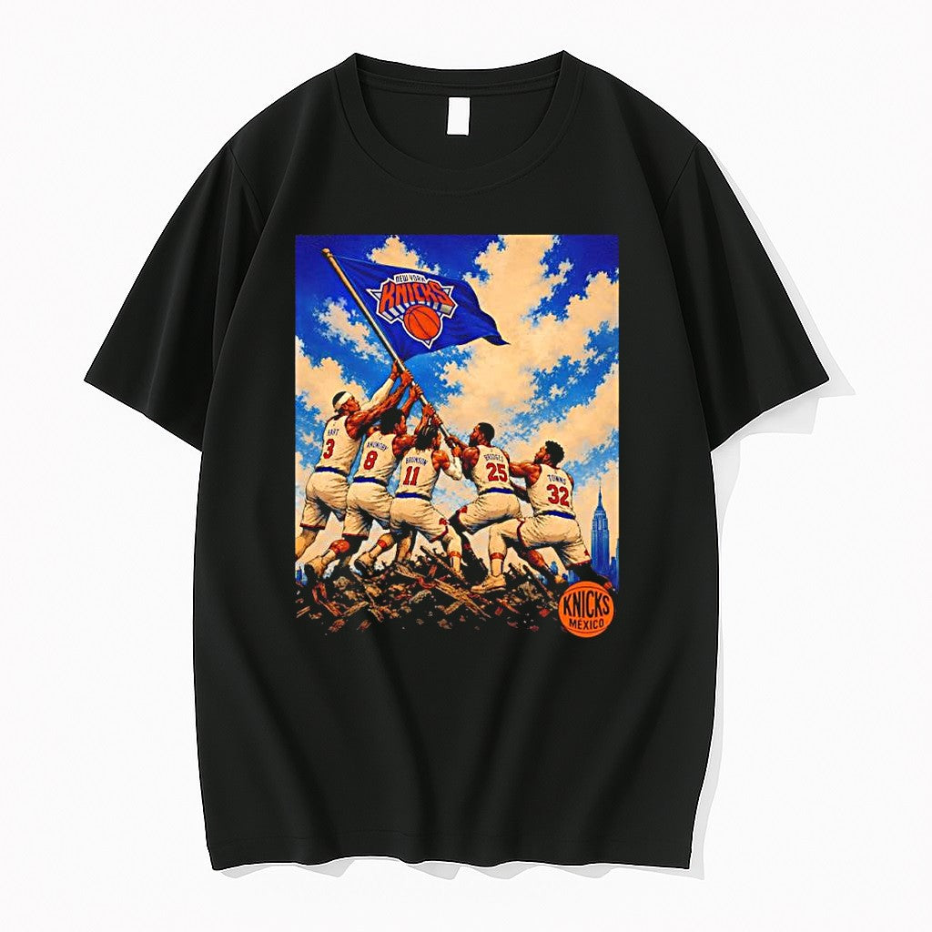 Original New York Knicks Nba Playoffs 2026 Team Flag Raising Heroic Nyc Skyline Tshirts