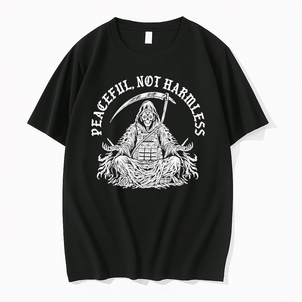 Original Peaceful Not Harmless Meditating Tactical Grim Reaper Tshirts Jpg