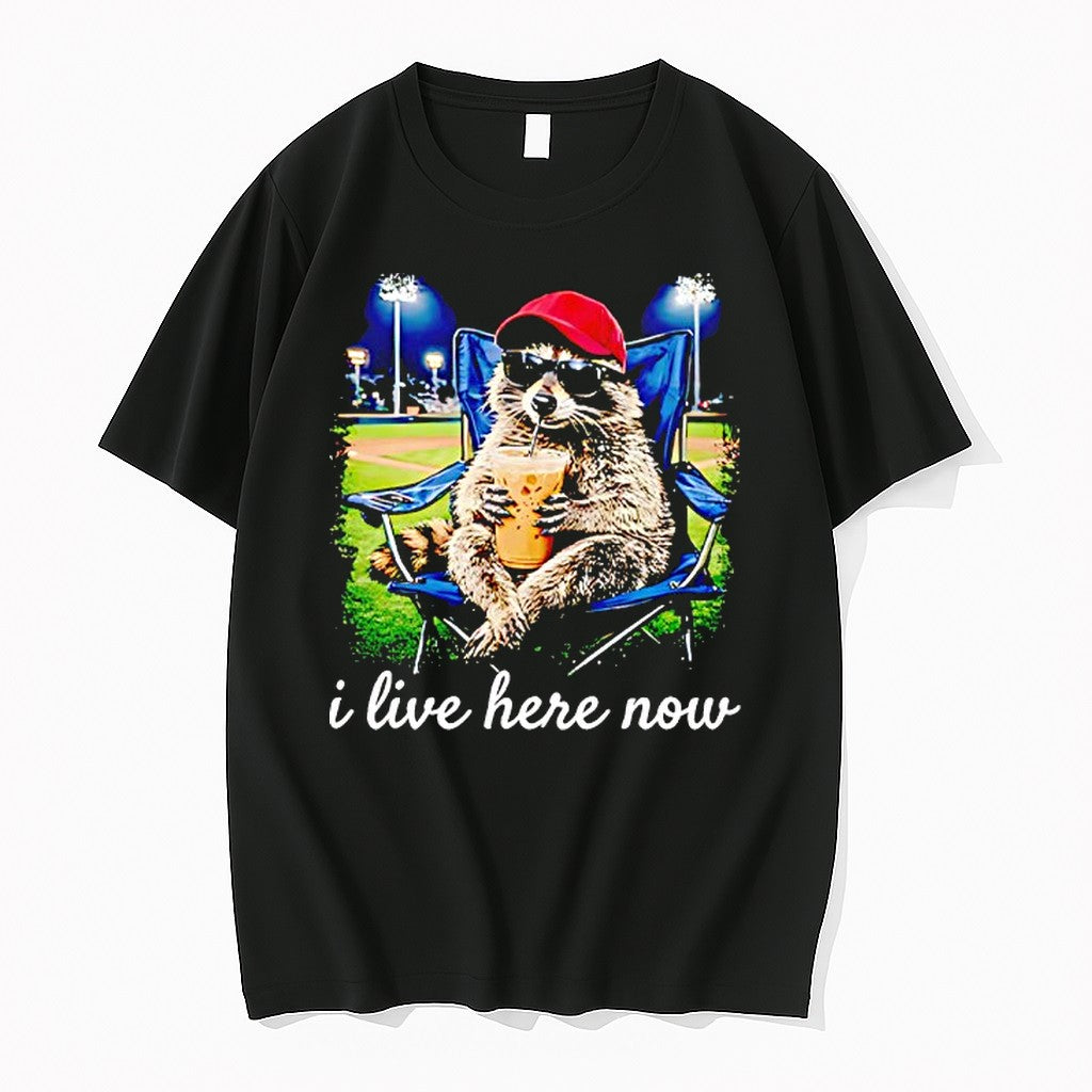Original Raccoon Drink Milk Tea I Live Here Now Meme Tshirts Jpg