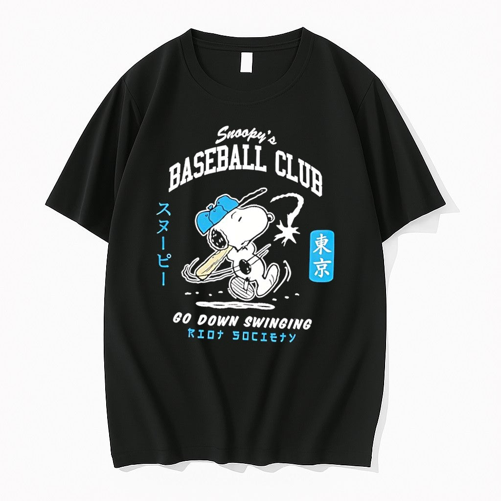 Original Riot Society Snoopy Baseball Club Go Down Swinging Tokyo Black Tshirts