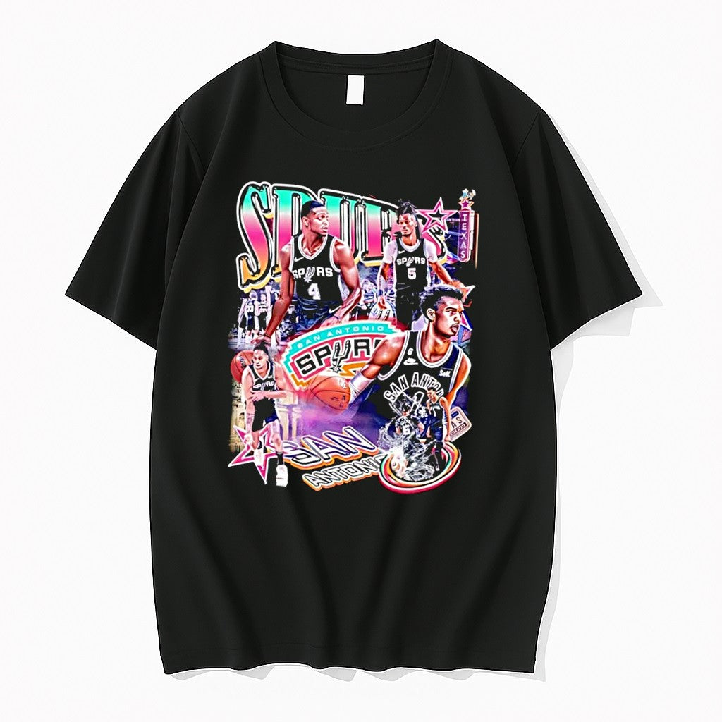 Original San Antonio Spurs Retro Player Collage Style Basketball Black Tshirts