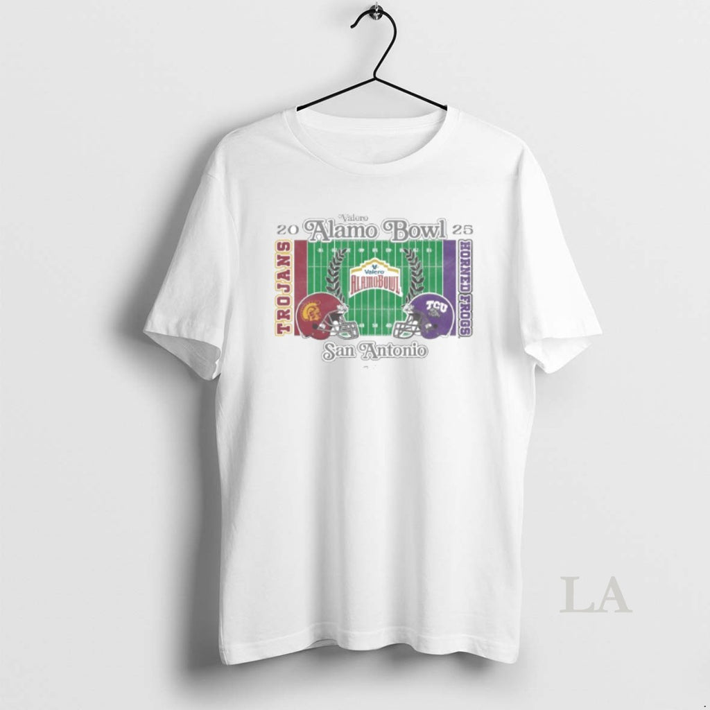 Original Usc Trojans Vs Tcu Horned Frogs 2025 Valero Alamo Bowl 2 Team Head To T-Shirts, Hoodie, Sweatshirt