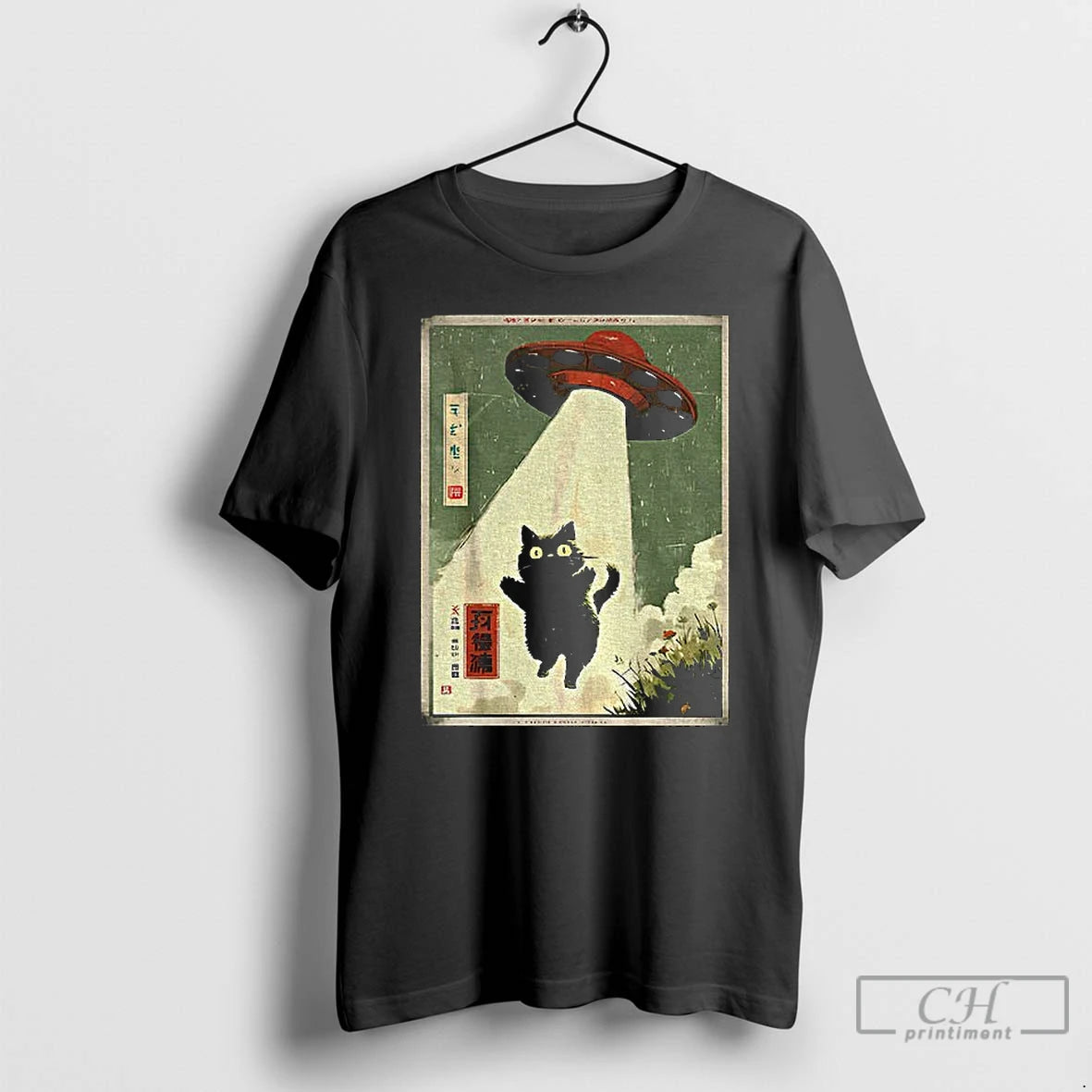 Premium Black Cat Ufo Abduction Japanese Cat Alien T-Shirts, Hoodie, Sweatshirt | AU01DripNestTees.com