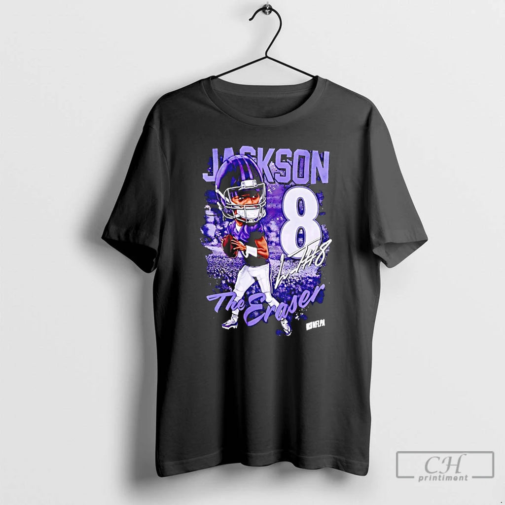 Premium Lamar Jackson The Eraser Number 8 Signature Caricature T-Shirts, Hoodie, Sweatshirt | AU01DripNestTees.com