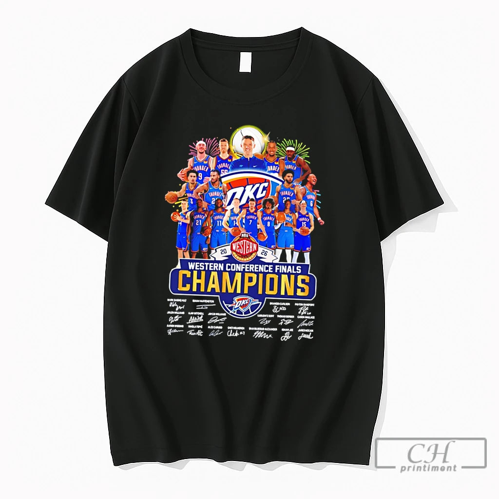 Premium Oklahoma City Thunder Basketball Western Conference Champions 2026 Signatures Tee