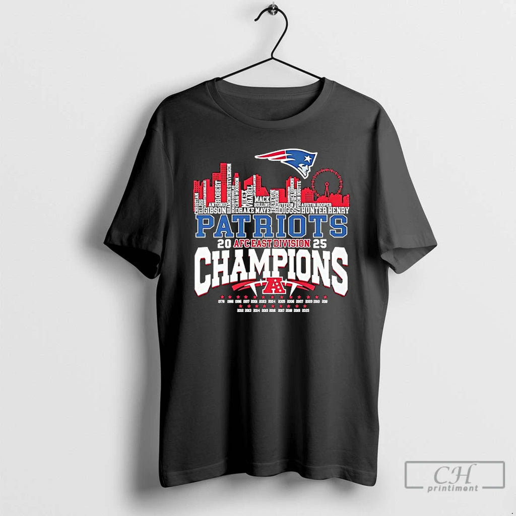 Premium Patriots 2025 Afc East Division Champions Skyline Name Palyers T-Shirts, Hoodie, Sweatshirt | AU01DripNestTees.com
