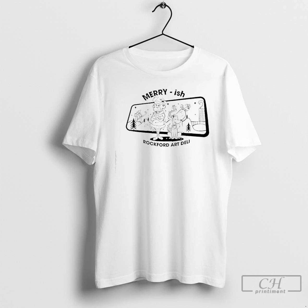 Premium Rockford Art Deli Merry Ish Holiday Monkey Dog Graphic T-Shirts, Hoodie, Sweatshirt | AU01DripNestTees.com