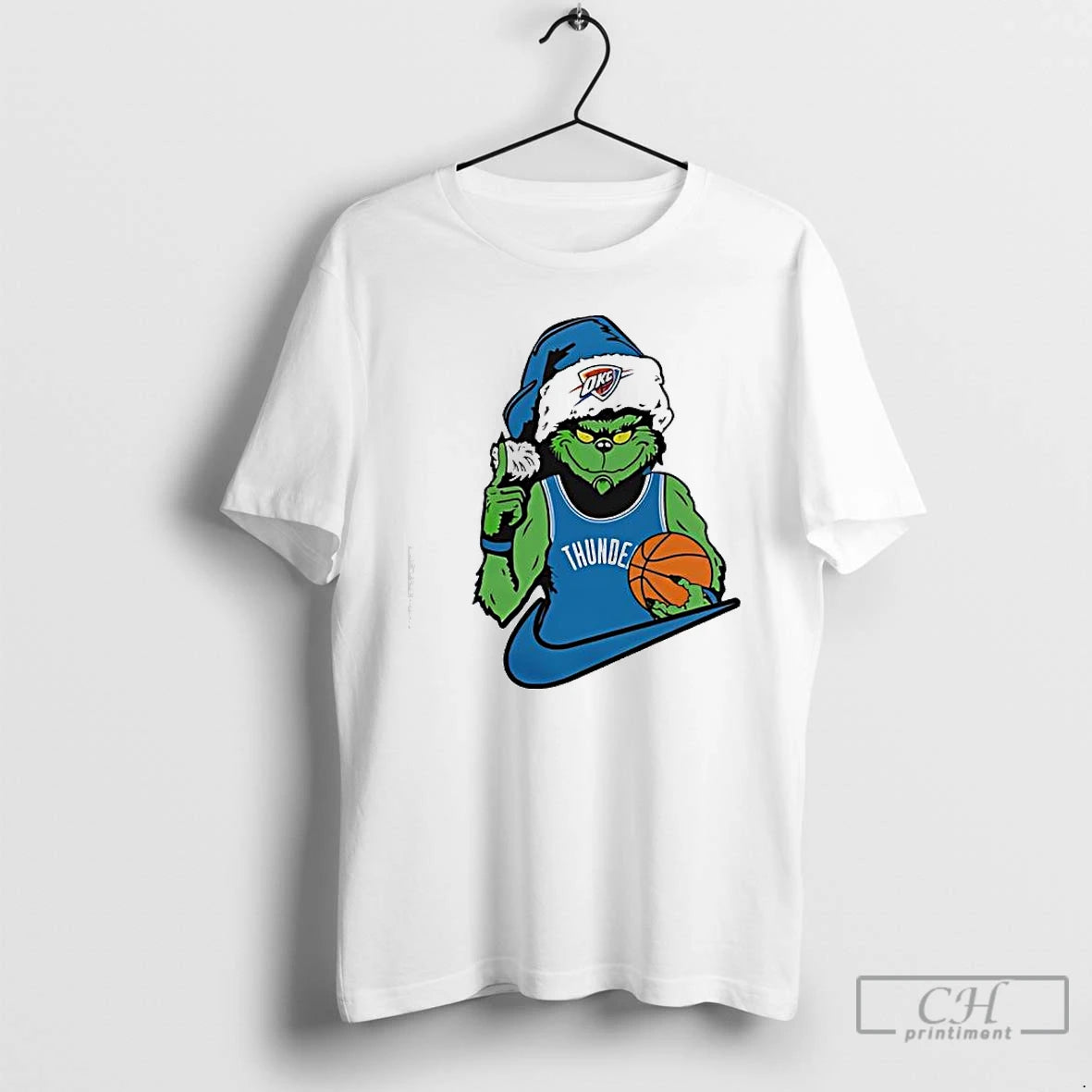 Premium The Grinch In An Oklahoma City Thunder Jersey Santa Hat T-Shirts, Hoodie, Sweatshirt | AU01DripNestTees.com
