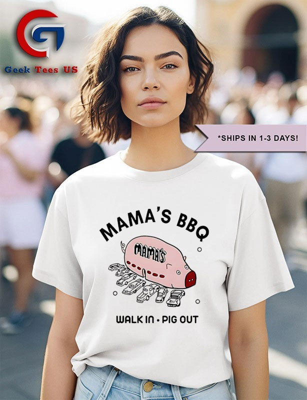 Rob Mac wearing Mama’s BBQ Walk In Pig Out shirt