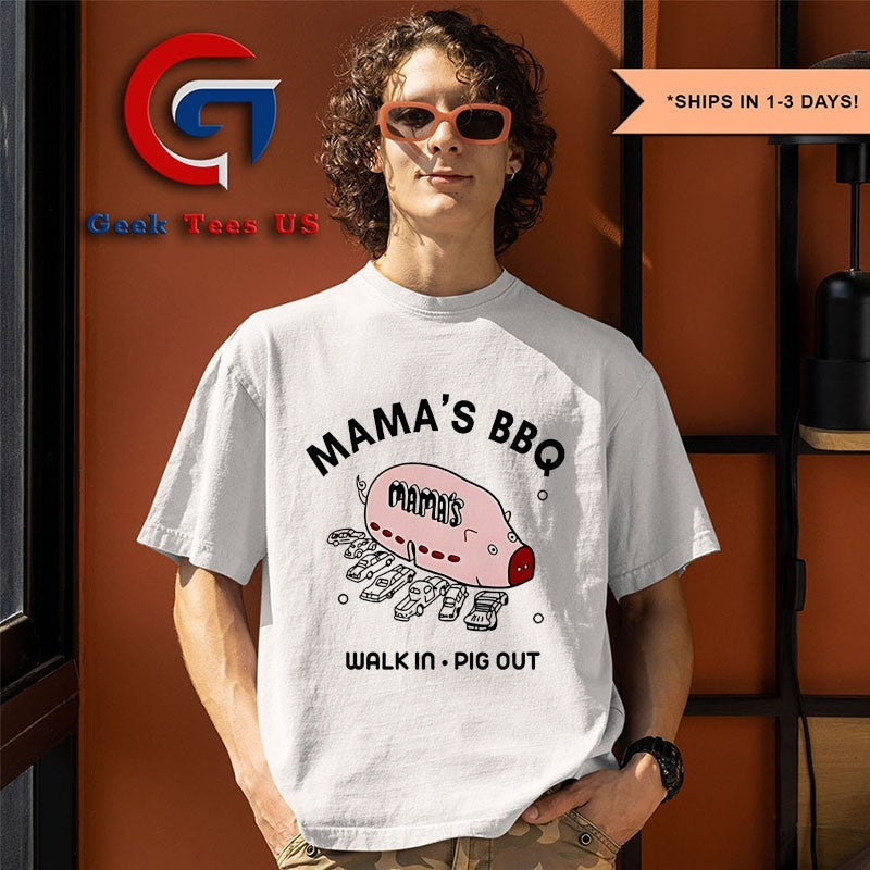 Rob Mac wearing Mama’s BBQ Walk In Pig Out shirt