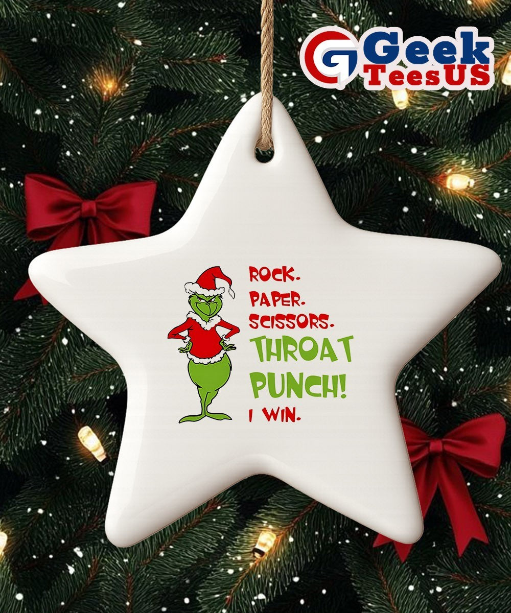 Santa Grinch Rock Paper Scissors Throat Punch I Win Christmas Ornament