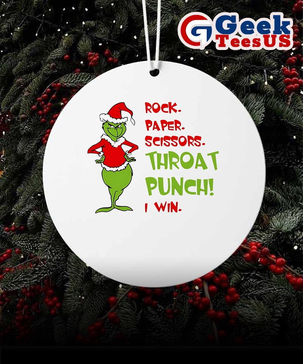 Santa Grinch Rock Paper Scissors Throat Punch I Win Christmas Ornament