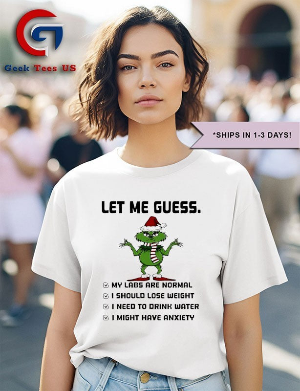 Santa hat Grinch let me guess my labs are normal I should lose weight I need to drink water Christmas shirt