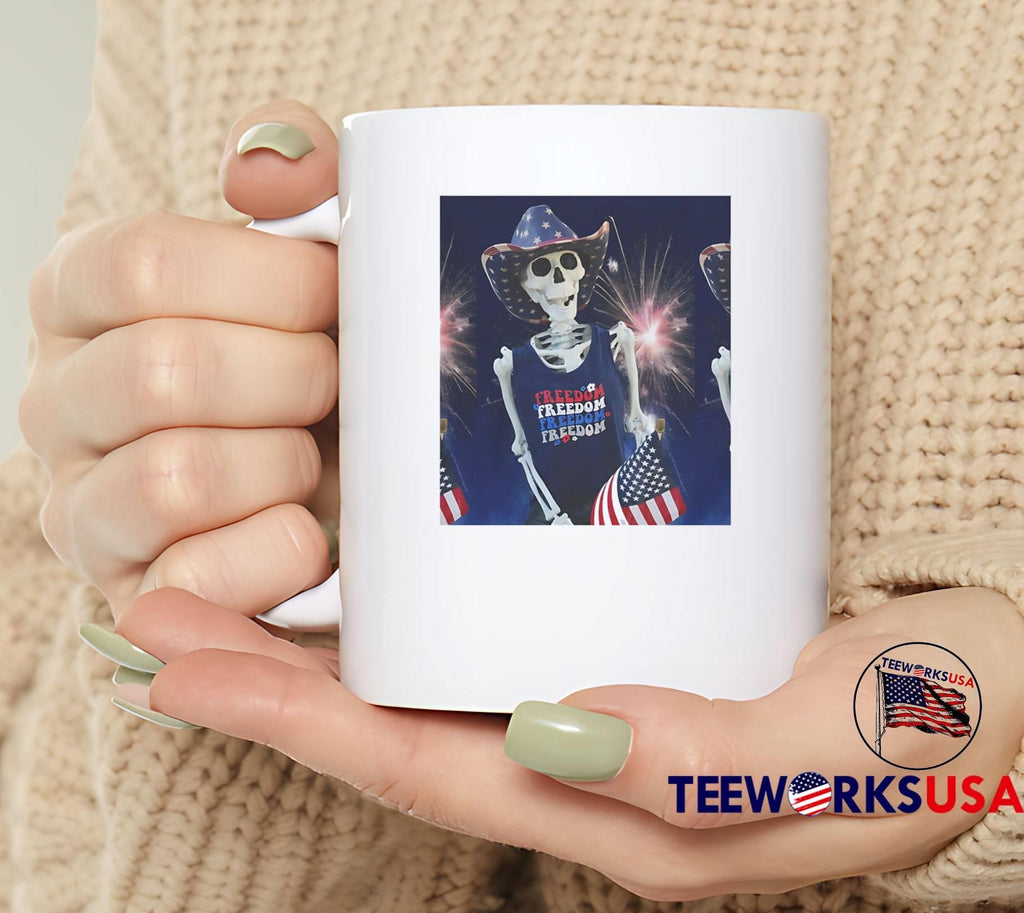 Skeleton Wearing Patriotic Cowboy Hat Celebrating with Flag Freedom shirt