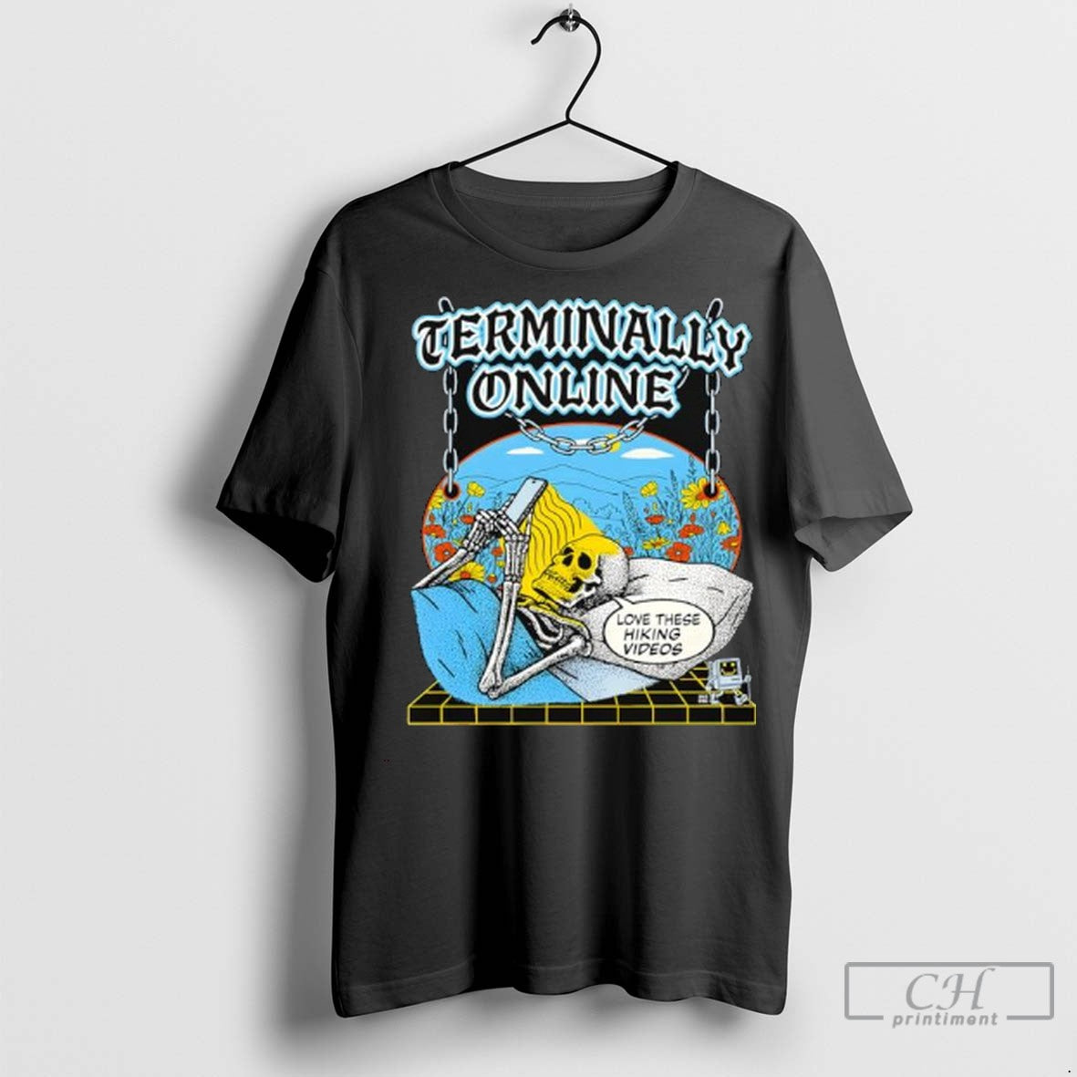 Skeleton Terminally Online Love These Hiking Videos T Shirt Jpg