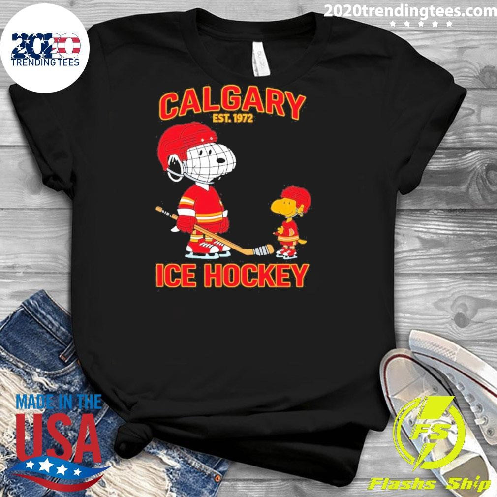Snoopy And Woodstock Calgary Flames Ice Hockey Est 1972 Cartoon Shirt