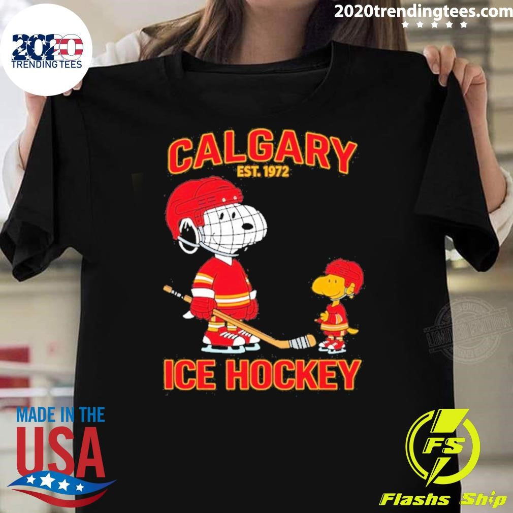 Snoopy And Woodstock Calgary Flames Ice Hockey Est 1972 Cartoon Shirt