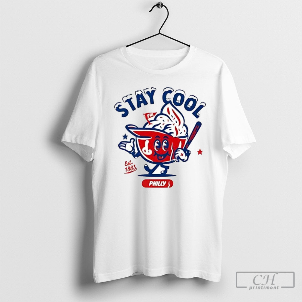 Stay Cool Philly Baseball Mascot Est 1883 With Bat And Flag Posters White Shirt