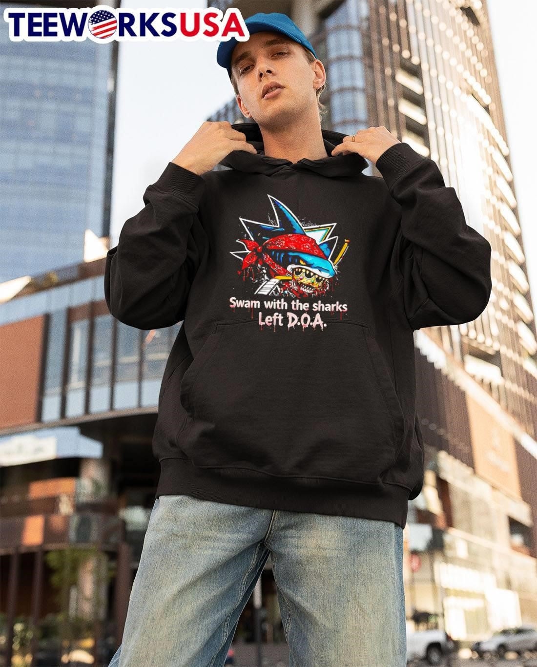 Streetwear Apparel Shark Swam with the Sharks Left DOA San Jose Sharks shirt