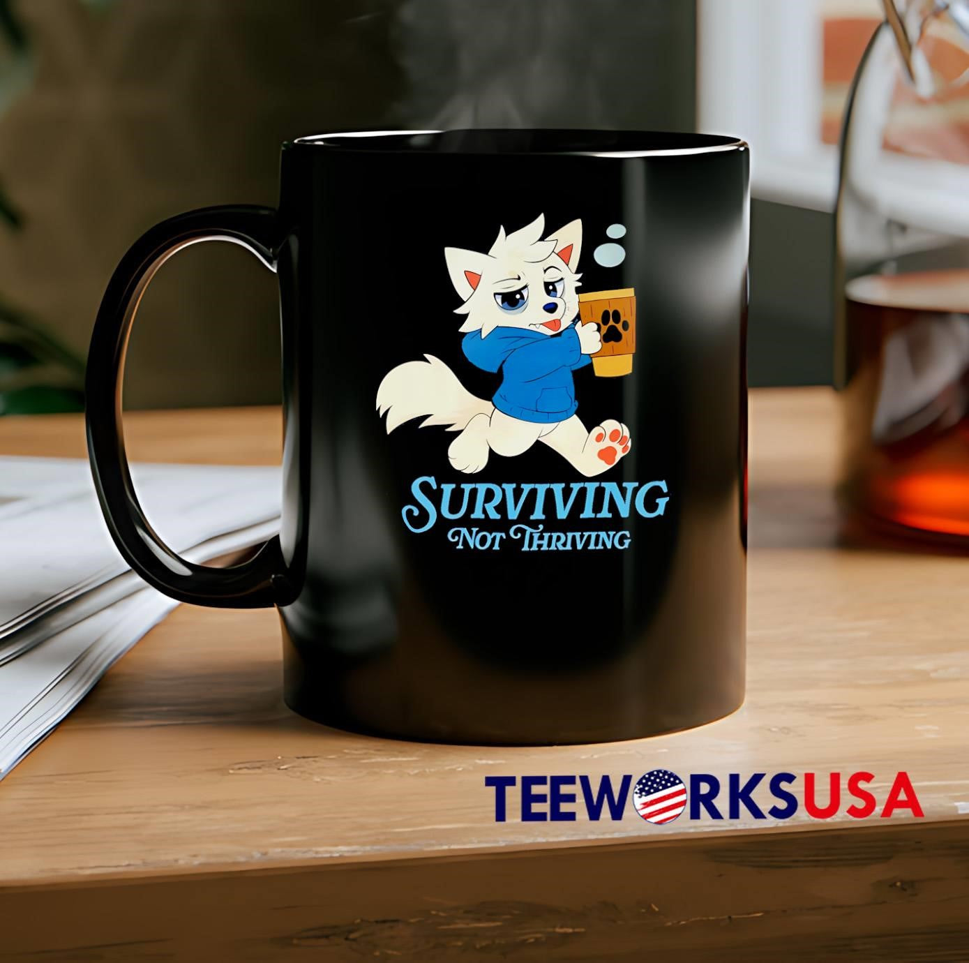 Surviving Not Thriving White Wolf With Coffee Hoodie shirt