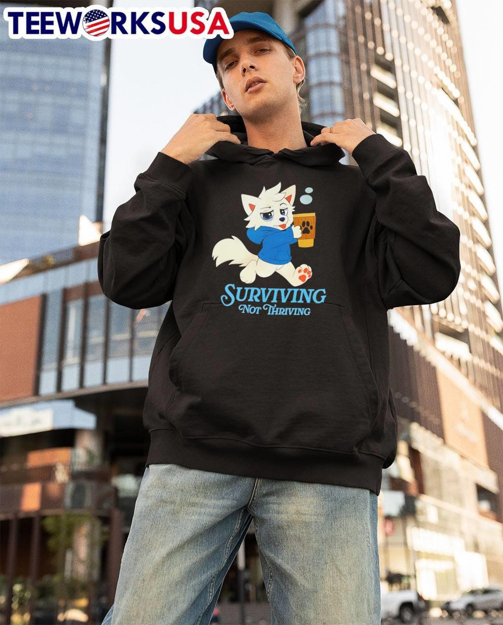 Surviving Not Thriving White Wolf With Coffee Hoodie shirt