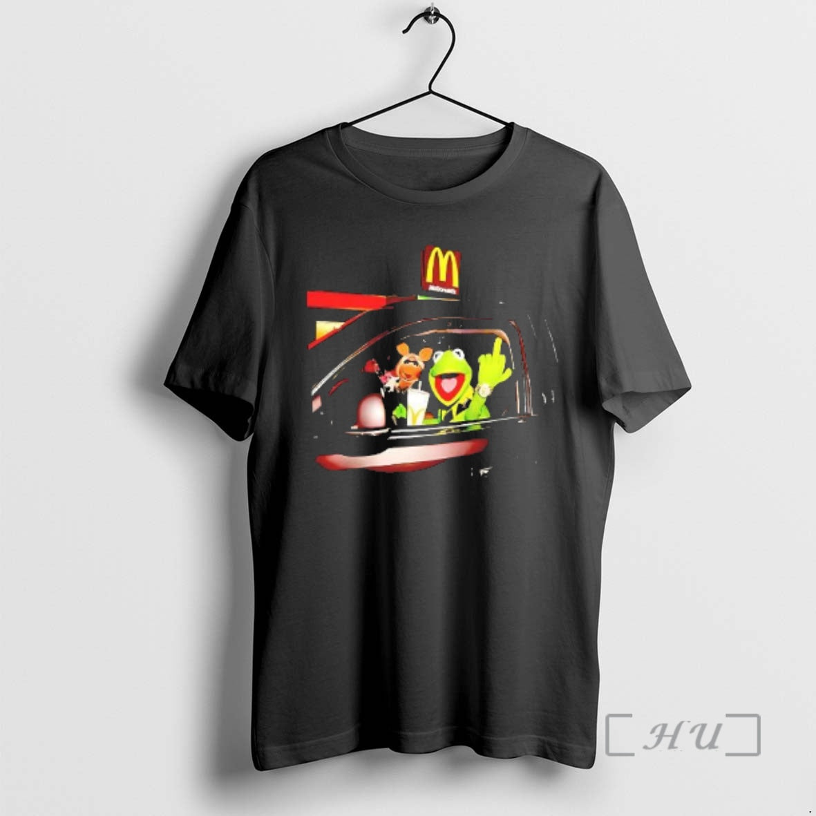 Trending At Mcdonalds Frog Kermit Middle Finger And Miss Piggy Riding Car Premium T Shirts Hoodie, Sweatshirt