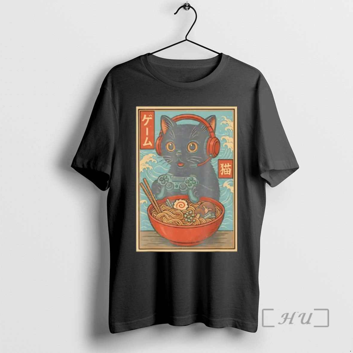 Trending Black Japanese Cat Holding Gamepad And Wearing Head Phone Eat Ramen Retro Premium T-Shirts, Hoodie, Sweatshirt