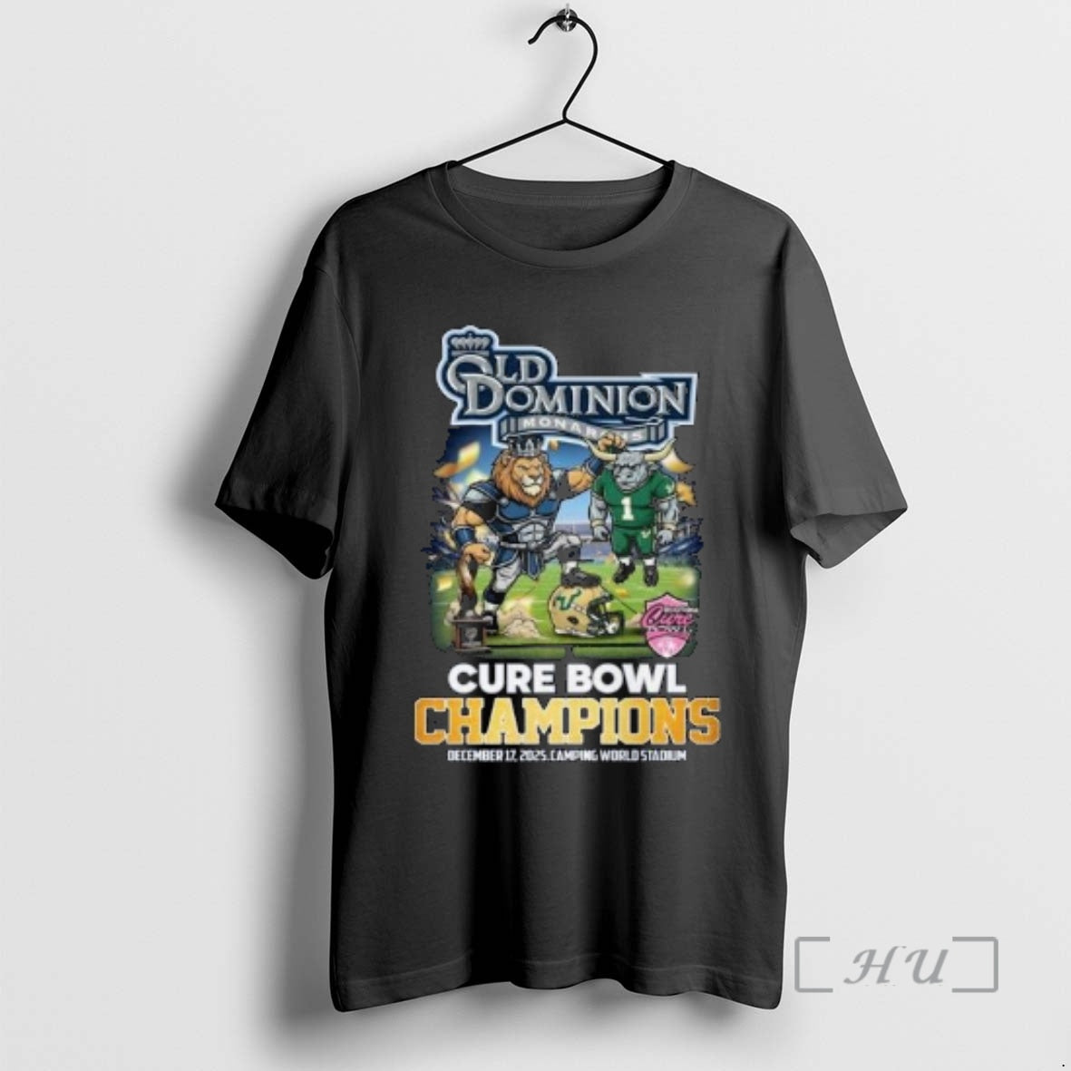 Trending Old Dominion Monarchs Cure Bowl Champions 2025 Celebration Mascot Circle Black Premium T Shirts Hoodie, Sweatshirt