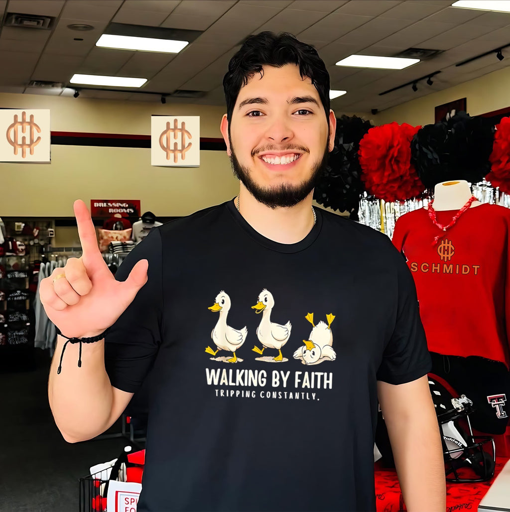 Walking by faith tripping constantly cartoon duck shirt