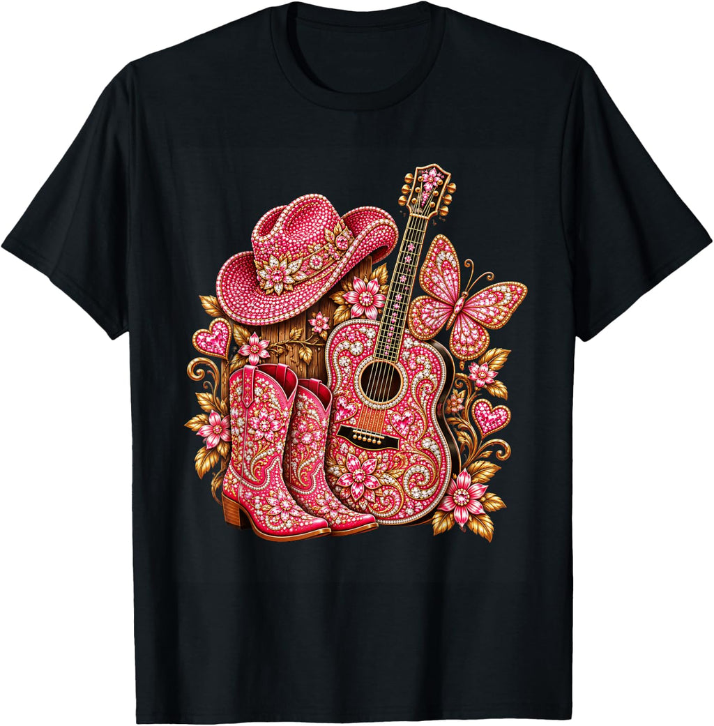 Bedazzled Butterfly Pink Cowboy Guitar Country Unisex T-shirt, Sweatshirt, Hoodie (1)