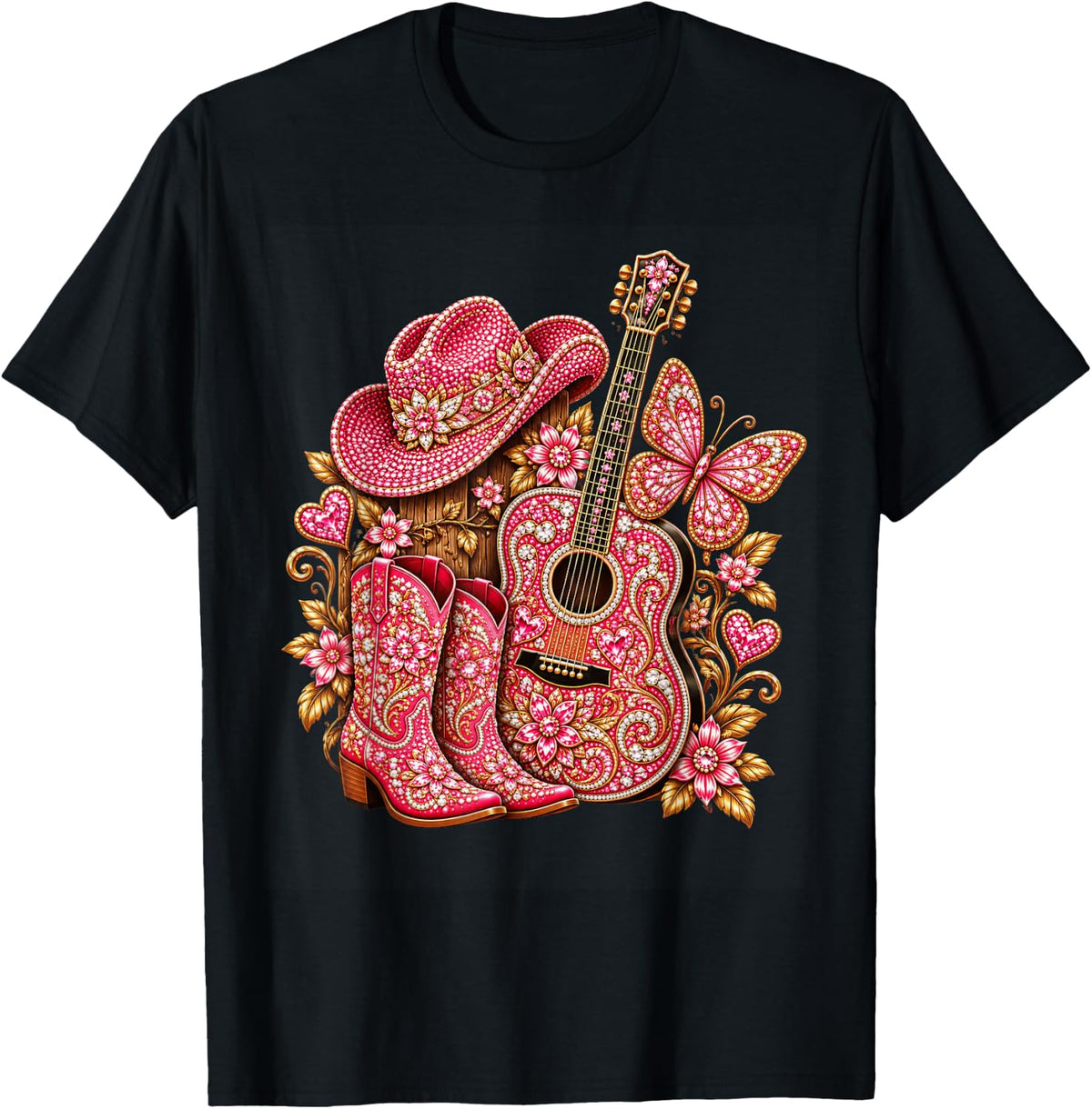 Bedazzled Butterfly Pink Cowboy Guitar Country Unisex T-shirt, Sweatshirt, Hoodie (1)