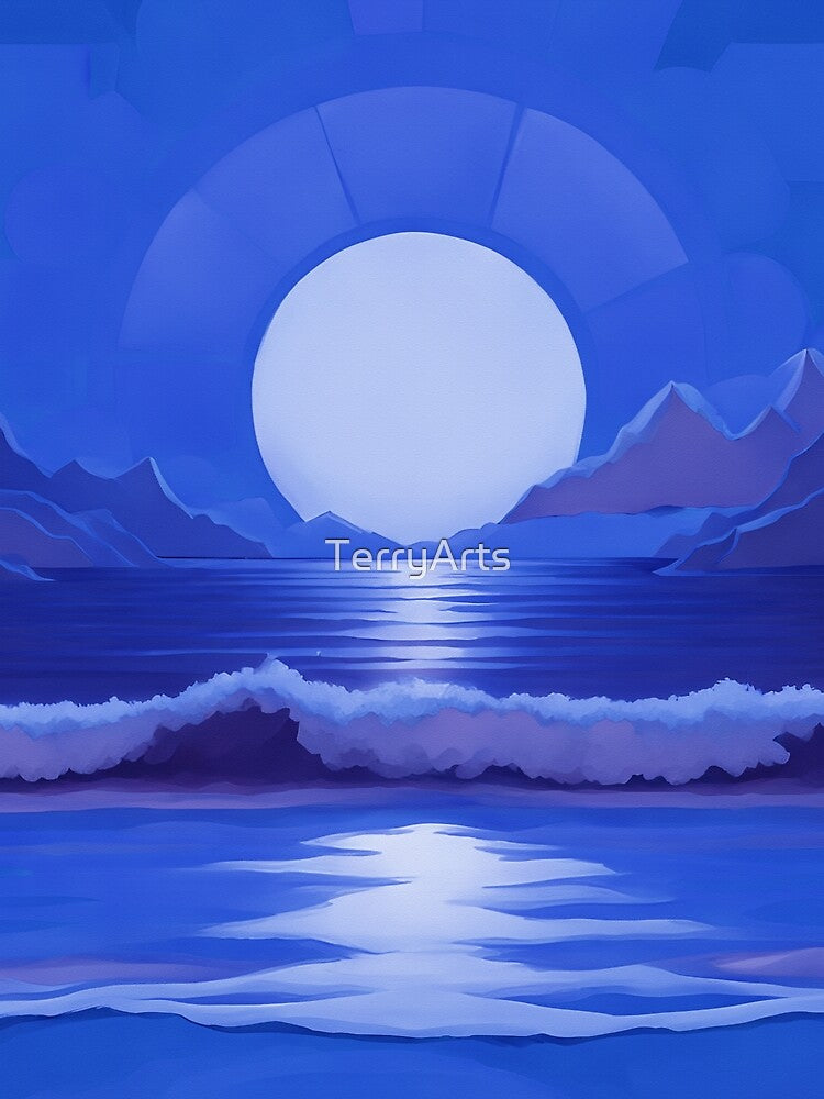Retro Moon Ocean Beach Mountains Sky AI Art 4 of 4 by Beachy