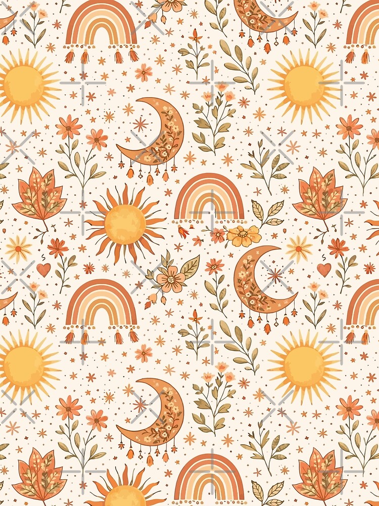Boho Sun Moon Rainbow Pattern | Celestial Floral Aesthetic | Warm Neutral Seamless Design by RidaSalArt