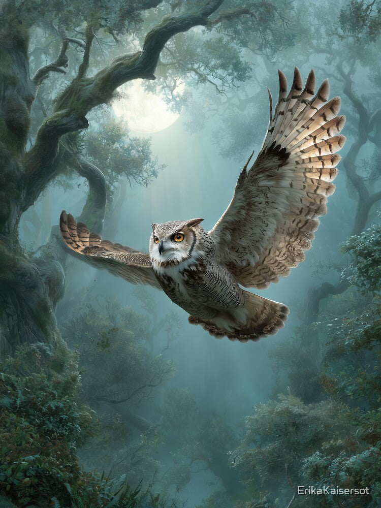 Moonlit Forest Flight – Silent Owl in Motion by Erika Kaisersot