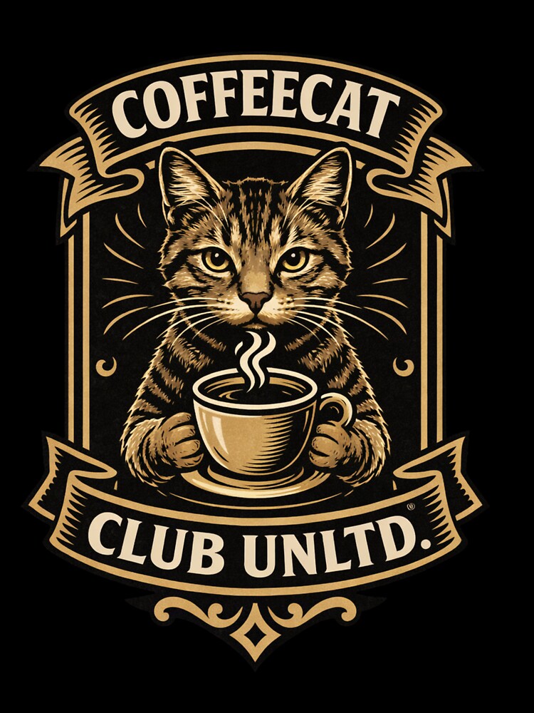 CoffeeCat Club Unlimited Vintage Coffee Lover Cat Badge Logo Retro Cafe Emblem Design by Mindworx21